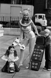 Gillian Duxbury and a large size model of the electronic game Merlin