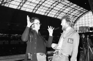 Ginger Baker (right), Drummer and founder of the rock band Cream, with Mel Bush