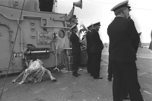 Gymnast Prints: One of the girls from the Billy Smarts Circus stretches her legs on the fight deck of