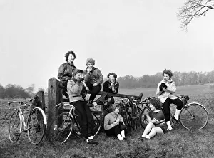 Excercise Prints: Girls out cycling in the Essex Countryside near Clacton. 1951