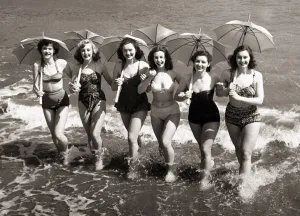 Paddling Prints: Girls from the show Revels of 1951 splashing in the sea at Sandown Isle of Wight