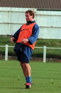 One Person Only Prints: Glasgow Rangers footballer Paul Gascoigne clowning around during a training session