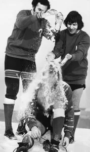 Games Prints: Glasgow Rangers striker Derek Parlane (centre) after this bit of horseplay by teammates