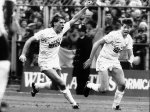 Glenn Hoddle celebrates scoring against Wimbledon in the FA Cup Quarter Final