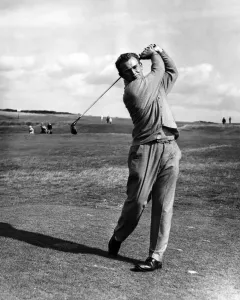 Golfer Prints: Golfer Dave Thomas. driving during the practise day at the Royal Porthcawl golf club