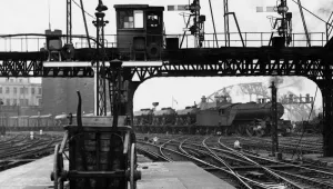 Castle Prints: A goods train crossing the points outside Newcastle station on the last day semaphore arm