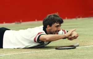 Mens Game Prints: Goran Ivanisevic swims to victory over Greg Rusedski in the Stella Artois Tennis