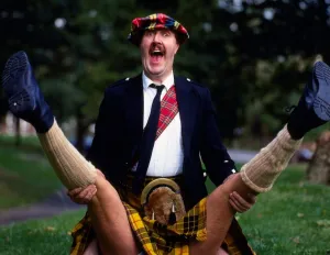 Gorden Kaye wearing kilt and tartan hat September 1986