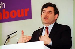 Hand Prints: Gordon Brown at Labour Press Conference April 1999 hands out in front of him