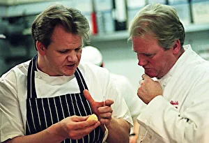 Gordon Ramsay Chef February 1999 with Daily Record reporter Bob Shields in kitchen