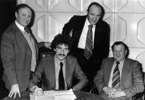 Transfer Prints: Graeme Souness signs for Liverpool watched by manager Bob Paisley