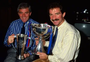 Footballer Prints: Graeme Souness & Walter Smith with the League Cup Trophy and Skol Trophy in October 1987