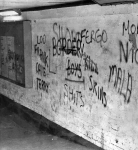Graffiti in the subway beneath Middlesbrough railway station. October 1972