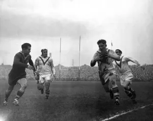 Rugby Ground Prints: Great Britain v. Australia: E. Ward Bradford Northern and Great Britain on the attack as