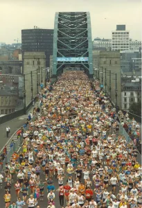 The Great North Run 19 September 1993 - The masses of runners pour over the Tyne Bridge