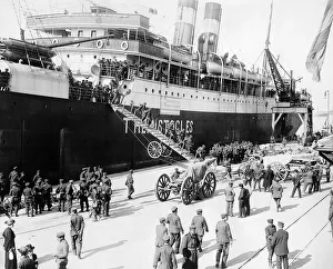 Greek Prints: Greek troops arriving at Salonika (Now Thessalonika) 1915 in Greece aboard