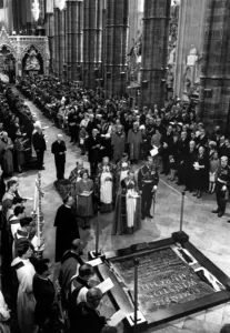 The green marble memorial stone at Westminister Abbey for Sir Winston Churchill is