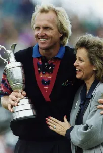 Greg Norman with his wife Laura holding the British Golf Open trophy
