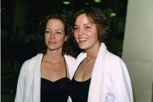 Greta Scaachi Actress with fellow actress Jenny Seagrove at a charity swim