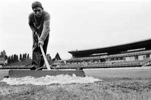 Ground Staff Prints: Groundsman Ian Guys tries to clear the water from the pitch at Edgbaston ahead of