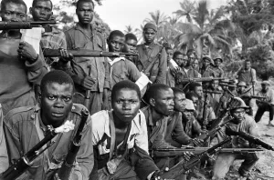 African Prints: Group of armed Biafran soldiers seen here during the Biafran conflict, 11th June 1968