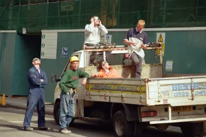 Protective Prints: A group of workmen in Liverpool city centre watching the solar eclipse. 11th August 1999