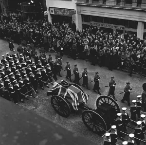 Coffin Prints: Gun carriage with body of Sir Winston Churchill January 1965 is driven through