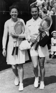 Gussie Moran (right) tennis player pictured June 1949 Gorgeous Gussie