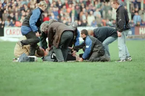 Injury Prints: Gwyn Jones (number 7 ) lies on the ground during the Cardiff verses Swansea Rugby Match