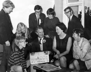 Pride Prints: Gwynfor Evans, Plaid Cymru, the new MP for Carmarthen reads the account of his election