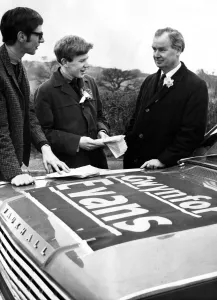 Gwynfor Evans of Plaid Cymru with his two sons Alcwyn ages 24 (wearing glasses