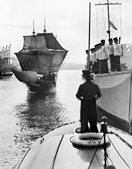 The half scale model of the Golden Hind in Plymouth Harbour during a rehearsal for Navies