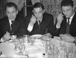 00351 Prints: Three Halifax players seen here enjoying a meal on the eve of the Rugby League Challenge