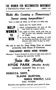 00104 Prints: A hand bill from The Women for Westminster Movement advertising a rally at Hyde Park