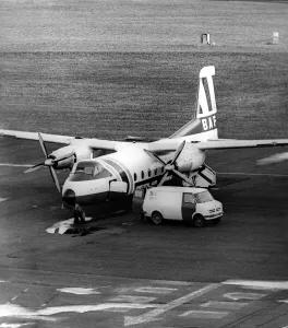 Business Travel Prints: A Handley Page Dart Herald airliner of British Air Ferries on charter to Dan-Air