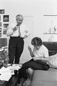 Sewing Prints: Harold and Mary Wilson 3rd July 1970 Mary Wilson sewing on a button on to