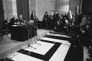 Harold Wilson (1916-1995) announces his resignation as Prime Minister during a press