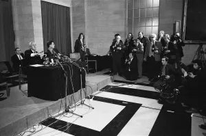 Harold Wilson (1916-1995) announces his resignation as Prime Minister during a press