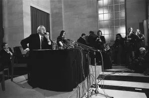 01069 Prints: Harold Wilson (1916-1995) announces his resignation as Prime Minister during a press