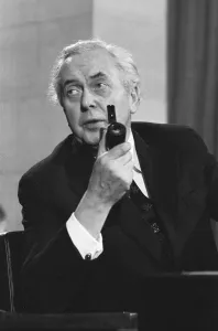 Harold Wilson (1916-1995) announces his resignation as Prime Minister during a press