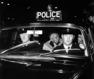 Harold Wilson British Prime Minister is driven back to Downing Street in a police car