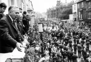 Harold Wilson British Prime Minister - July 1967 waves to crowds from the Hotel