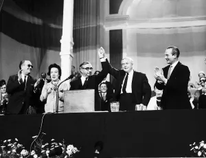 Conferences Prints: Harold Wilson Leader of the Labour Party is applauded after his speech at the Labour