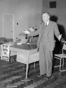Harold Wilson MP Labour candidate for Huyton at a meeting in the constituency