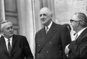 European Union Prints: Harold Wilson Prime Minister and President De Gaulle meeting in Paris. George Brown (R)