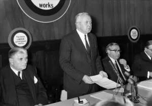 Harold Wilson speaking at the labour partys presentation of their election manifesto