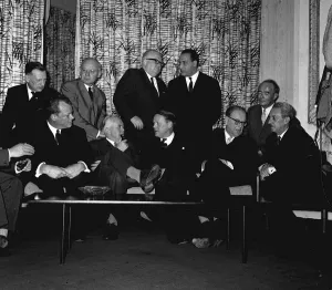 Harold Wilson at St Ermins hotel London SW1 with visitors to the Socialist International