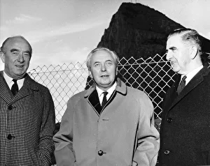 Harold Wilson wearing his Gannex waterproof coat seen here during a visit to Gibraltar