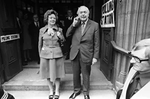European Union Prints: Harold Wilson and his wife Mary Wilson exit from a polling station after voting