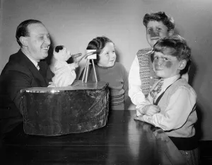 Harry Corbett and Sooty, the Teddy Bear Magician are seen here at home in Guisley